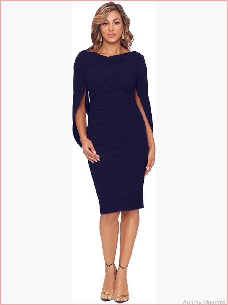 Scuba Crepe Drape Sleeve Knee Length Cocktail Dress Women's
